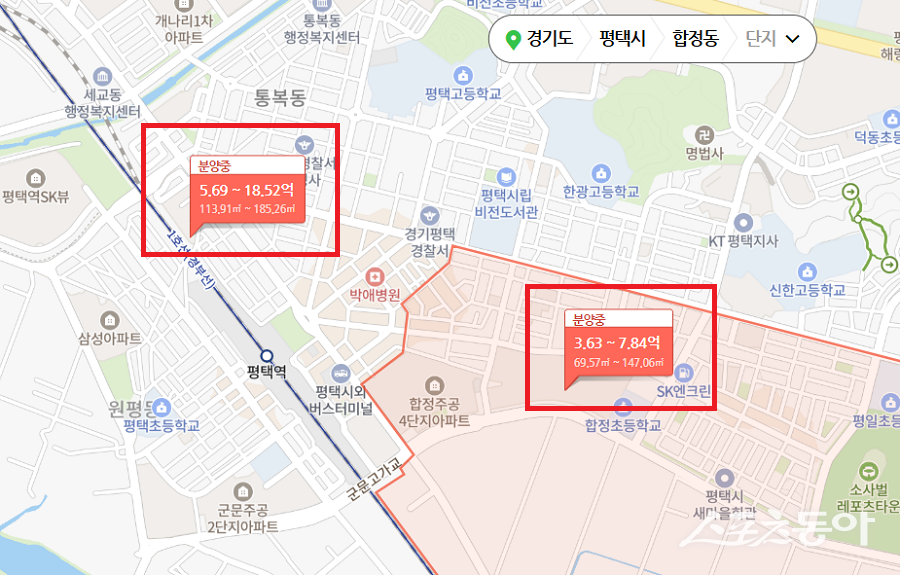 경기도 평택시가 도내에서 유일하게 미분양 관리지역으로 지정된 가운데, 고가·대규모 아파트 분양이 잇따르며 주택시장 불안이 커지고 있다. 사진제공｜네이버 지도