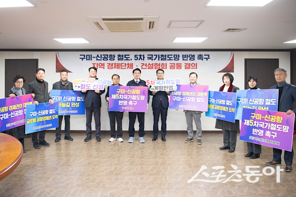 ‘김천~구미~신공항 철도 제5차 국가철도망 구축계획 반영 촉구’ 행사에서 구미시가 플래카드를 들고 있는 모습. 사진제공ㅣ구미시