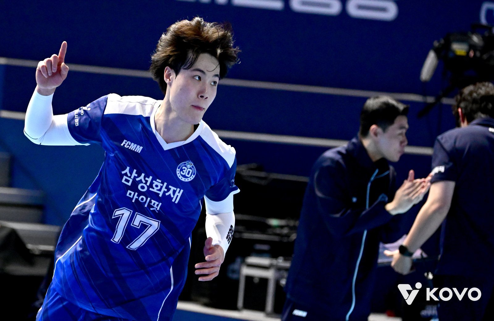 삼성화재 이윤수가 1일 대한항공과 원정경기서 득점한 뒤 세리머니를 하고 있다. 사진제공|KOVO