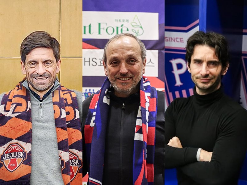 2026시즌 K리그 외국인 사령탑은 3명으로, 구단은 이들에게 팀 전술 확립과 체계적 시스템 이식을 기대한다. 제주 세르지우 코스타 감독, 충북청주 마누엘 레이스 감독, 파주 제라드 누스 감독(왼쪽부터). 사진제공｜제주 SK·충북청주·파주 프런티어