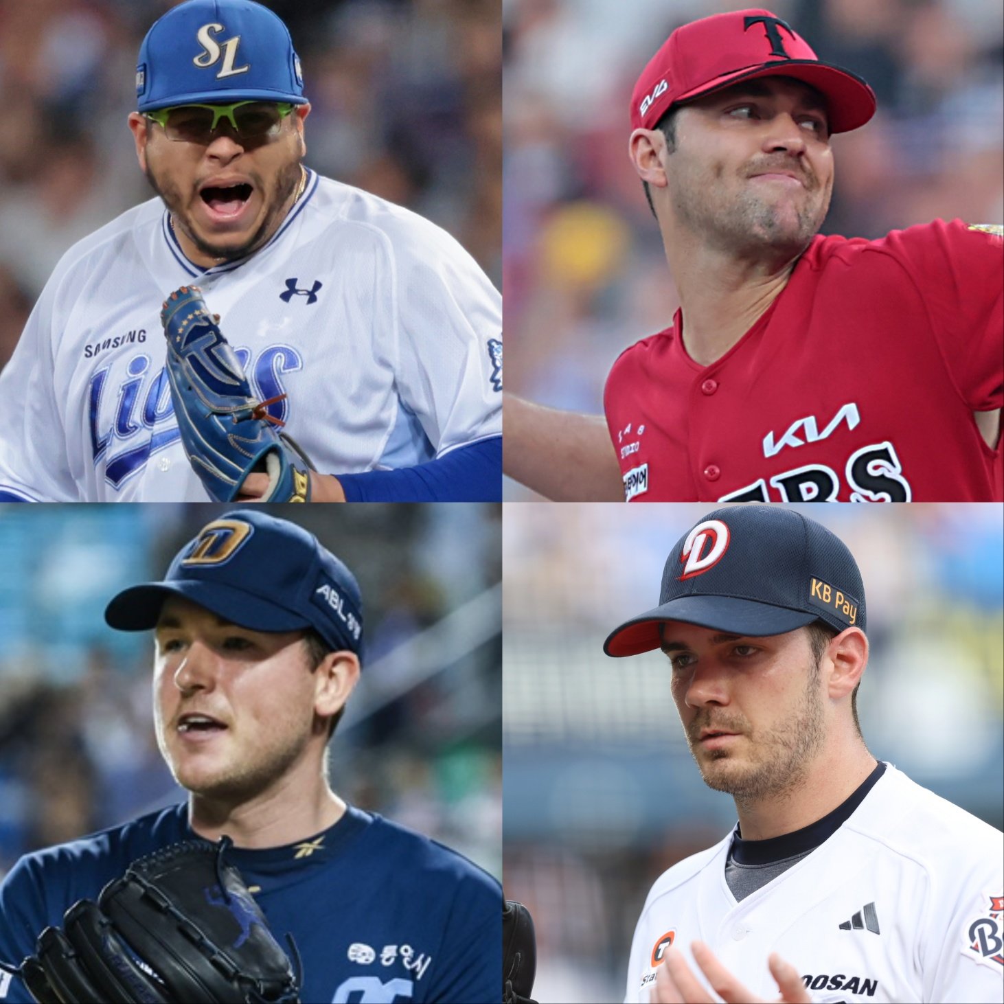 2026시즌 KBO리그 최고 외국인 투수 타이틀에 도전하는 삼성 아리엘 후라도, KIA 제임스 네일, 두산 잭로그, NC 라일리 톰슨(왼쪽부터 시계방향). 사진제공｜삼성 라이온즈·KIA 타이거즈·NC 다이노스·두산 베어스