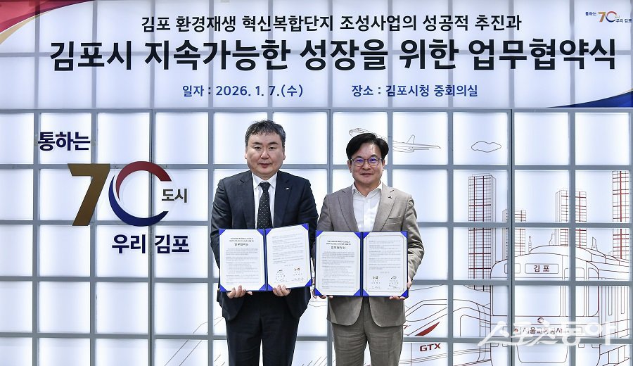 김포시와 한국수자원공사는 김포 환경재생 혁신복합단지 조성사업의 성공적 추진을 위한 업무협약을 체결했다. 사진제공|김포시청