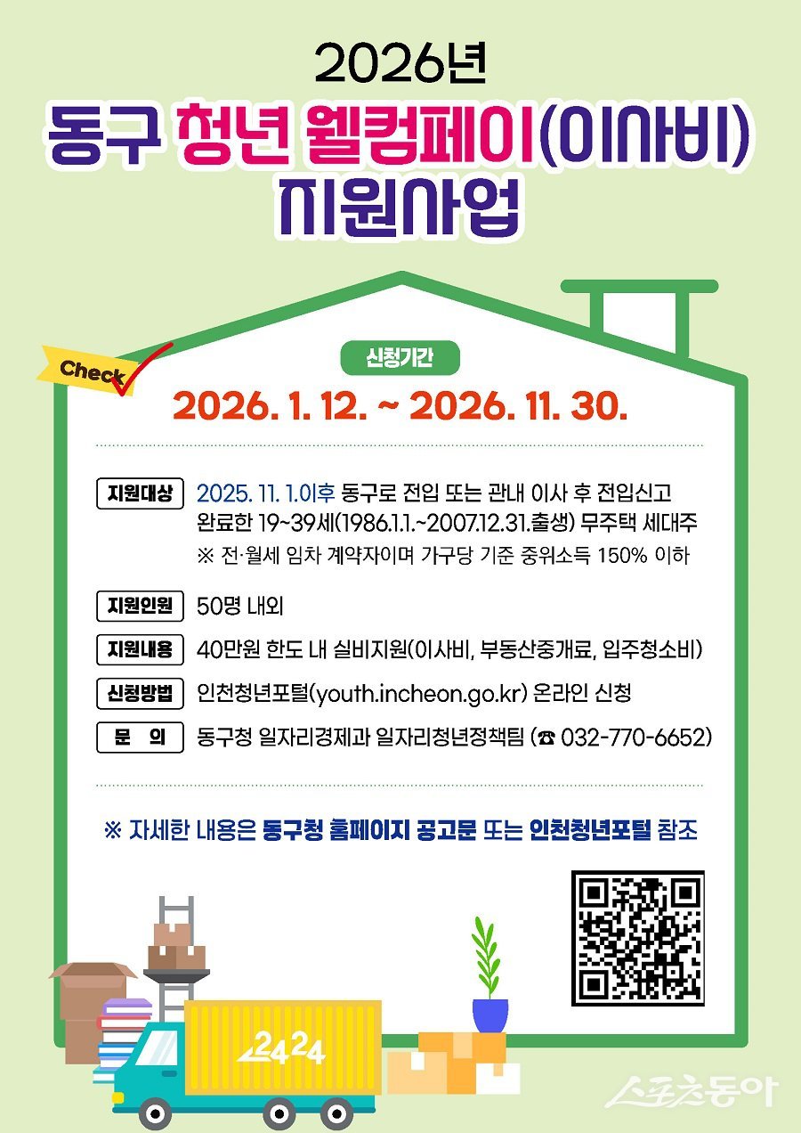 인천 동구, ‘청년 웰컴페이(이사비)’ 최대 40만 지원 포스터. 사진제공｜인천 동구청