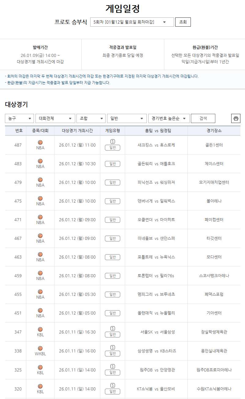 스포츠토토 프로토 승부식 5회차 농구 게임 안내.