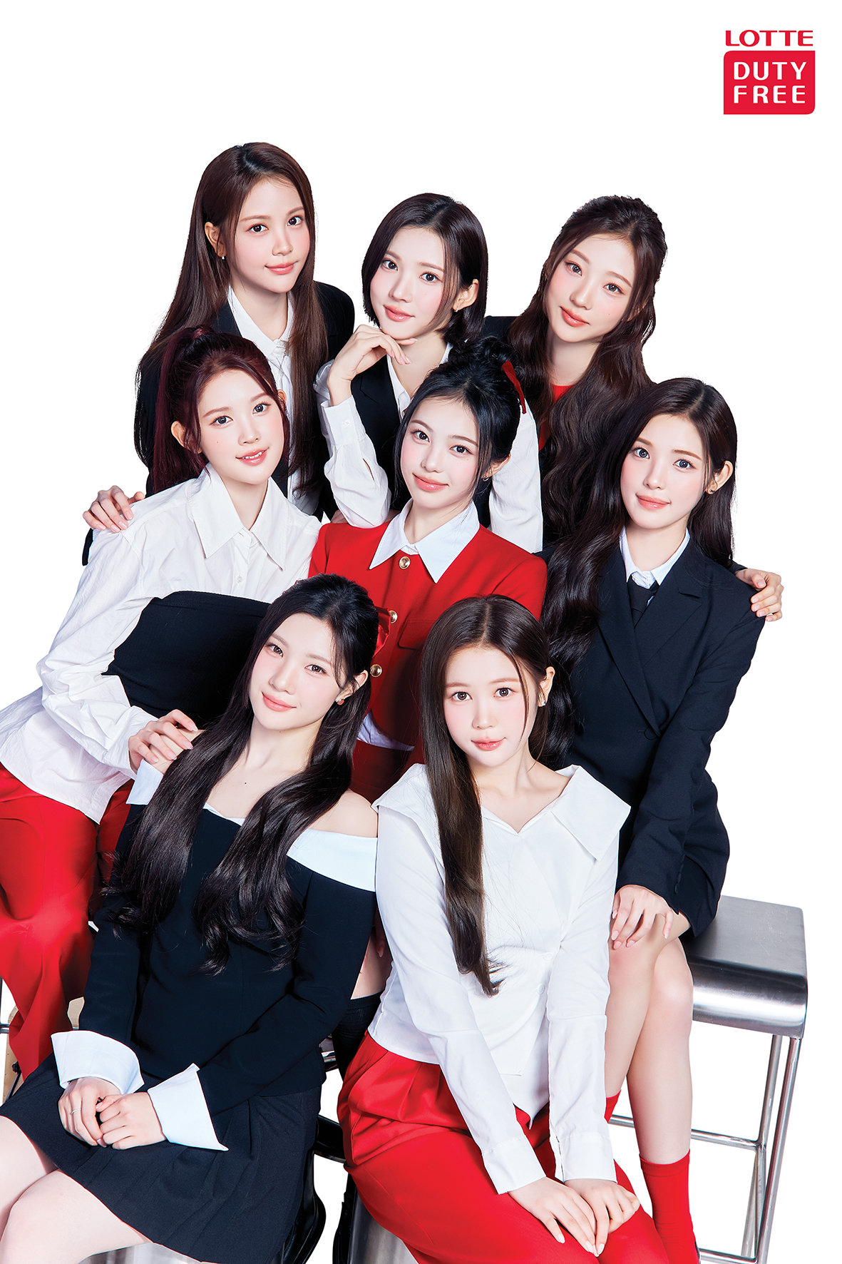 새 모델로 선정된 보이그룹 ‘킥플립’(위)과 걸그룹 ‘하츠투하츠’. 사진제공｜롯데면세점