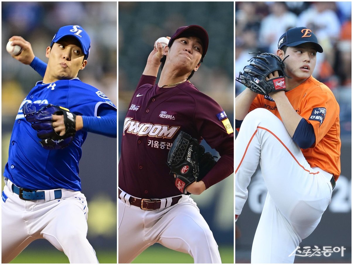 KBO 출신 국내 선발의 해외 진출 사례를 다시 만들 후보로 삼성 원태인, 키움 안우진, 한화 문동주(왼쪽부터) 등이 거론되고 있다. 스포츠동아DB·한화 이글스 제공