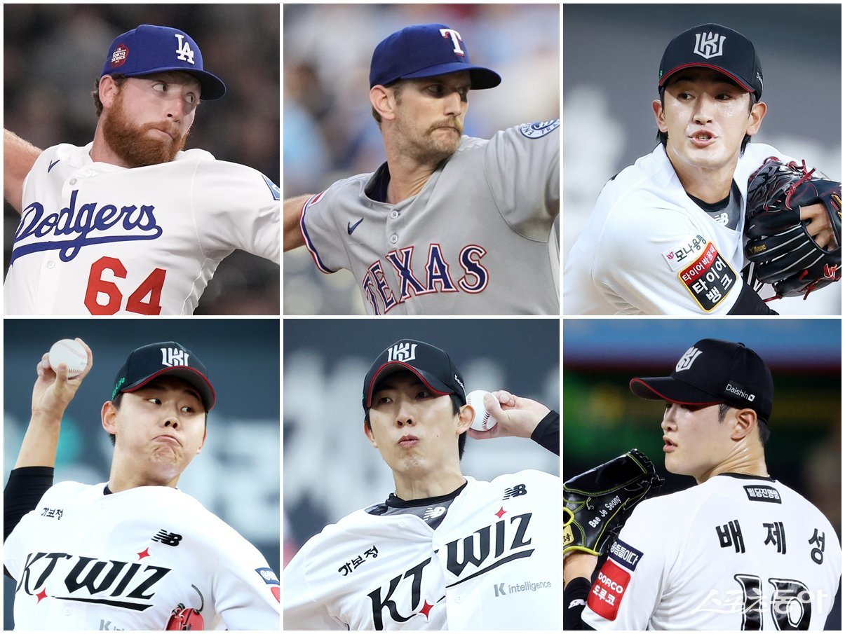 KT 맷 사우어, 케일럽 보쉴리, 고영표, 배제성, 오원석, 소형준(왼쪽 위부터 시계 방향)을 앞세워 ‘선발 왕국’에 방점을 찍을지 관심이 쏠리고 있다. AP뉴시스·KT 위즈 제공