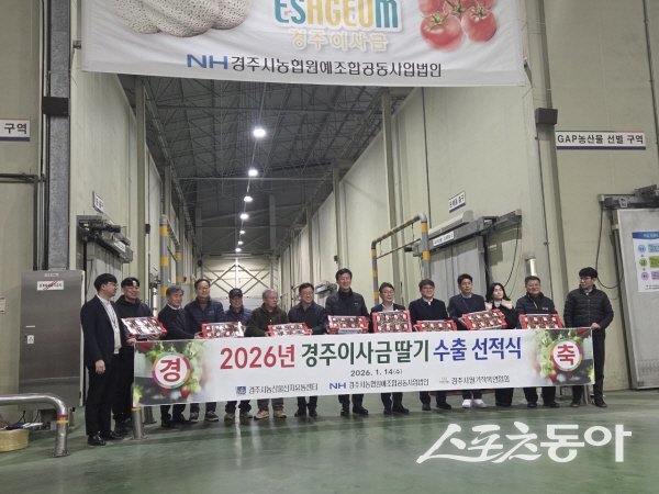 경주시농산물산지유통센터에서 ‘경주이사금’ 딸기 태국 수출 선적식이 진행되고 있다. 사진제공 ㅣ 경주시