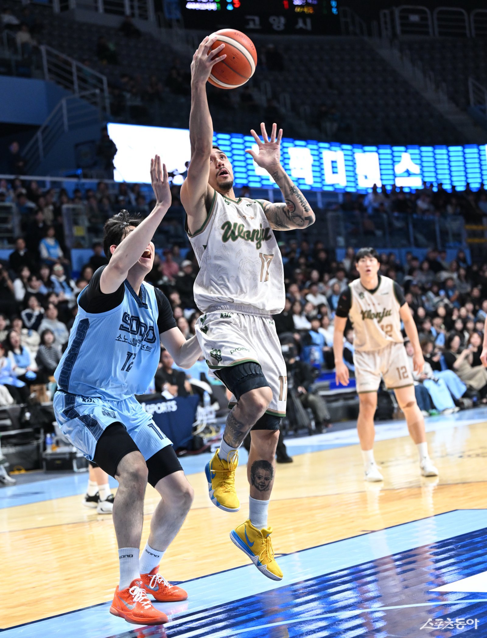 DB 이선 알바노는 올 시즌 챔프전 MVP를 목표로 달리겠다는 의지다. 알바노가15일 고양소노아레나에서 열린 소노전 도중 레이업슛을 시도하고 있다. 사진제공｜KBL