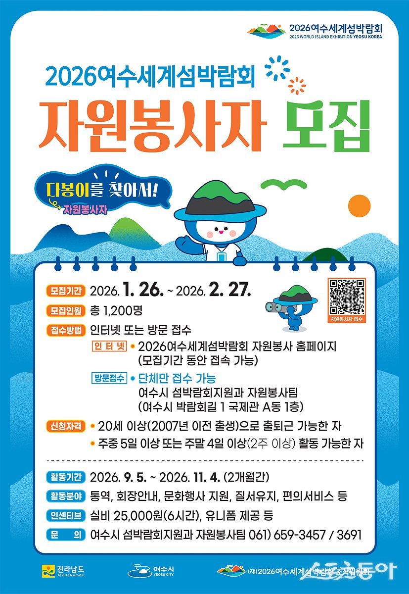 여수시는 2026여수세계섬박람회를 함께할 자원봉사자 “다봉이” 1,200여 명을 오는 1월 26일부터 2월 27일까지 한 달간 모집 예정이라고 밝혔다. 사진제공=여수시