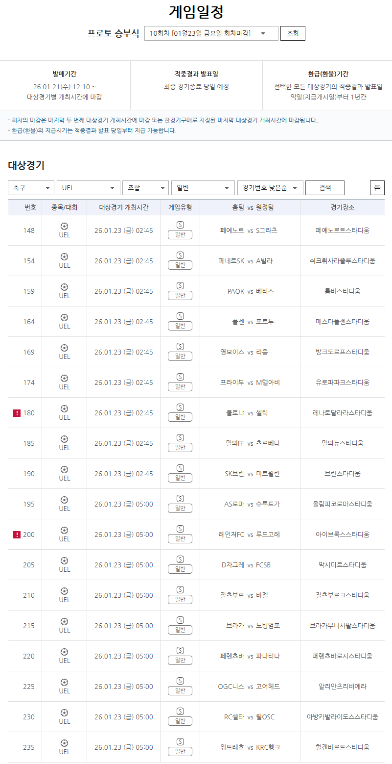 프로토 10회차, UEFA 유로파리그 리그 페이즈 대상 일반 게임 정보.