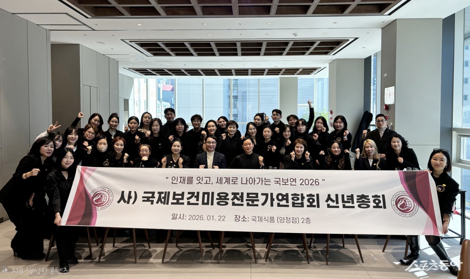 국제보건미용전문가연합회가 지난 22일 국제식품에서 ‘2026 신년총회 및 임원취임·시상식’을 개최하고 새해 협회의 비전과 조직 운영 방향을 공식적으로 공유한 가운데 참석자들이 기념촬영을 하고 있다. (사진제공=국제보건미용전문가연합회)