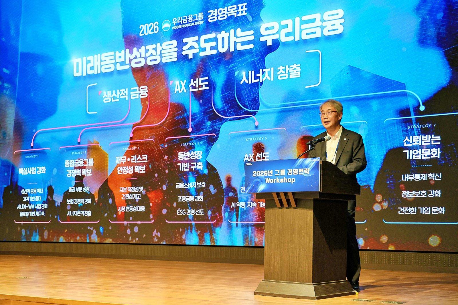 ‘그룹 경영전략 워크숍’에서 3대 핵심 전략을 발표하고 있는 임종룡 우리금융 회장. 사진제공｜우리금융 
