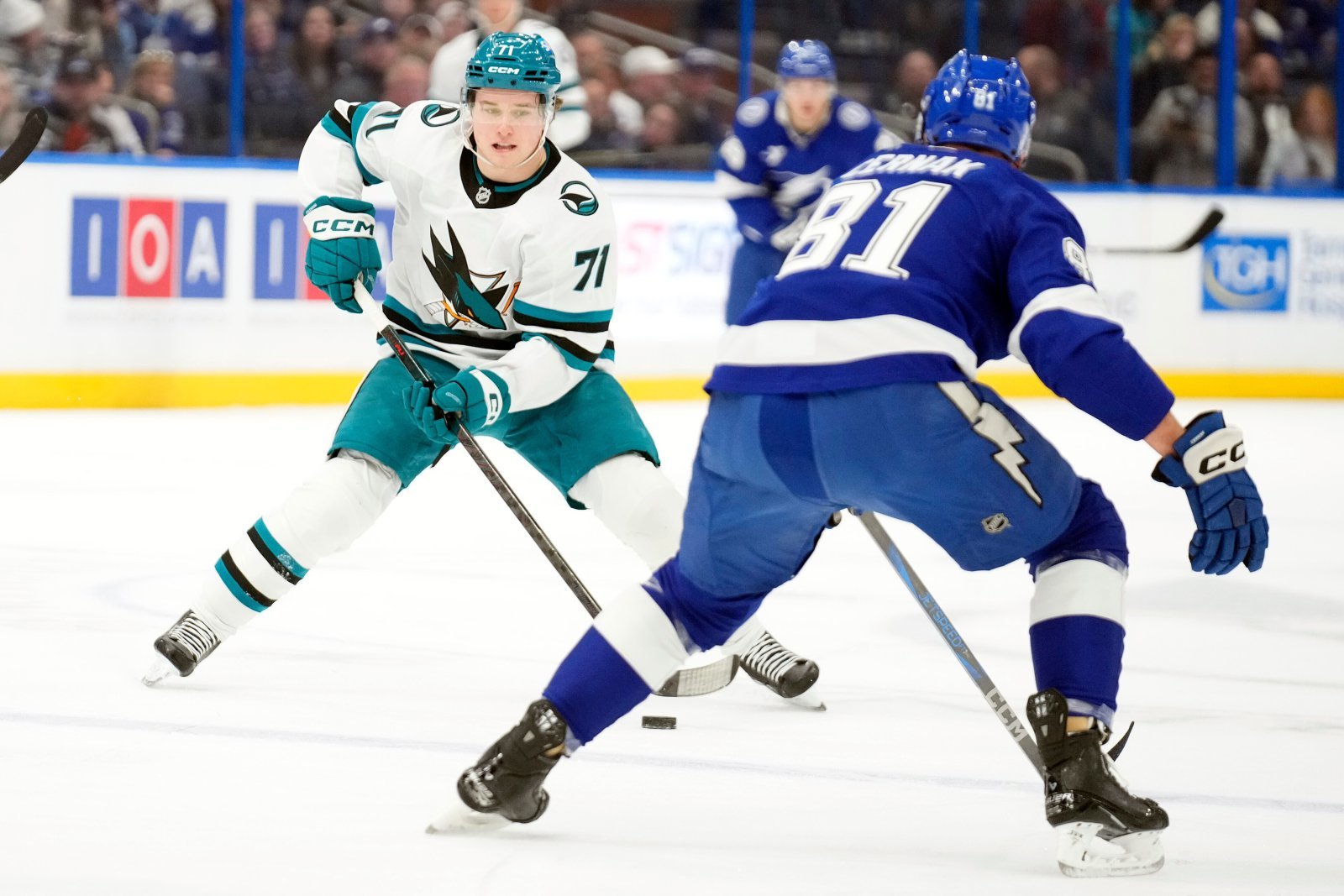 산호세의 맥클린 셀레브리니(왼쪽)가 21일(한국시간) 벤치마크 인터내셔널 아레나에서 열린 탬파베이전 도중 드리블하고 있다. 탬파|AP뉴시스