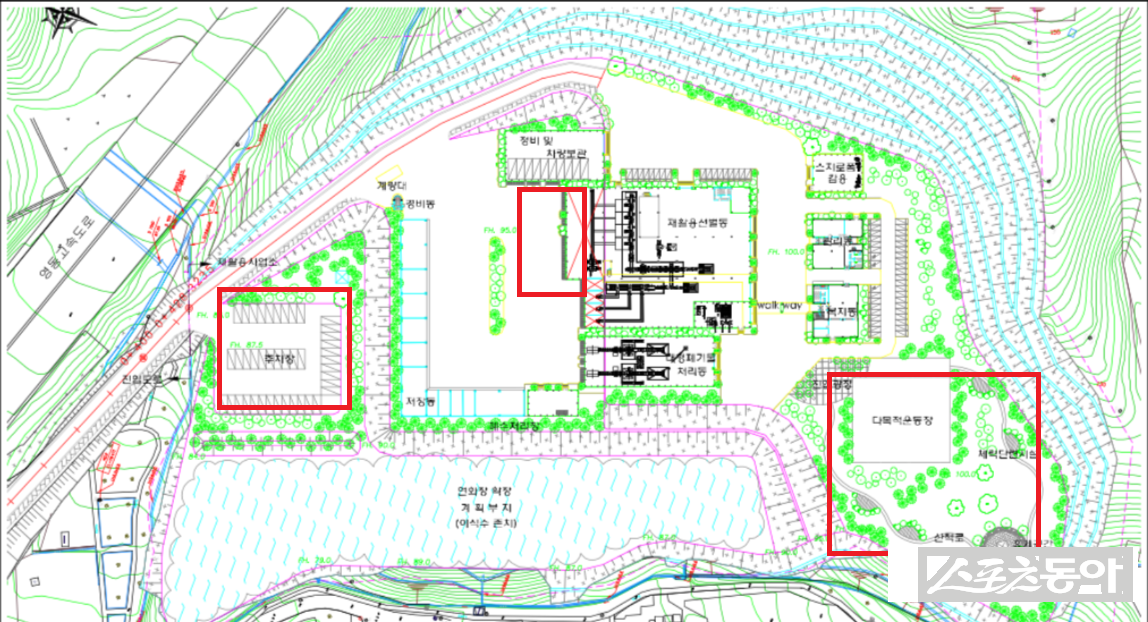 수원시 소유 토지에 조성된 수원시 자원순환센터 부지가 환경영향평가 당시 협의된 도면과 현재 건축물 현황, 실제 현장이 서로 일치하지 않는다는 의혹이 제기돼 논란이 확산되고 있다(평가도면). 사진제공｜공익 제보자