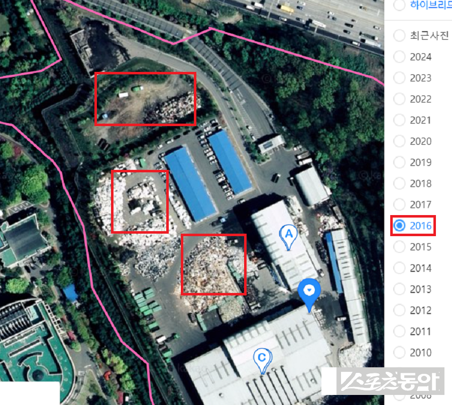 수원시 소유 토지에 조성된 수원시 자원순환센터 부지가 환경영향평가 당시 협의된 도면과 현재 건축물 현황, 실제 현장이 서로 일치하지 않는다는 의혹이 제기돼 논란이 확산되고 있다(항측). 사진제공｜공익 제보자