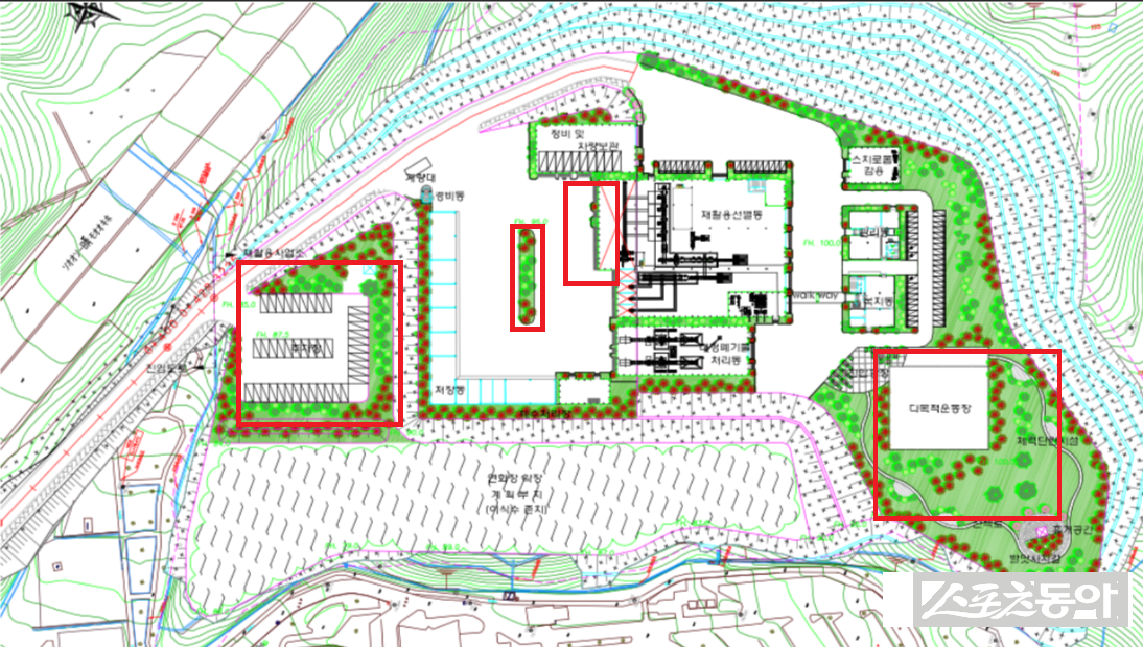 수원시 소유 토지에 조성된 수원시 자원순환센터 부지가 환경영향평가 당시 협의된 도면과 현재 건축물 현황, 실제 현장이 서로 일치하지 않는다는 의혹이 제기돼 논란이 확산되고 있다(평가도면). 사진제공｜공익 제보자