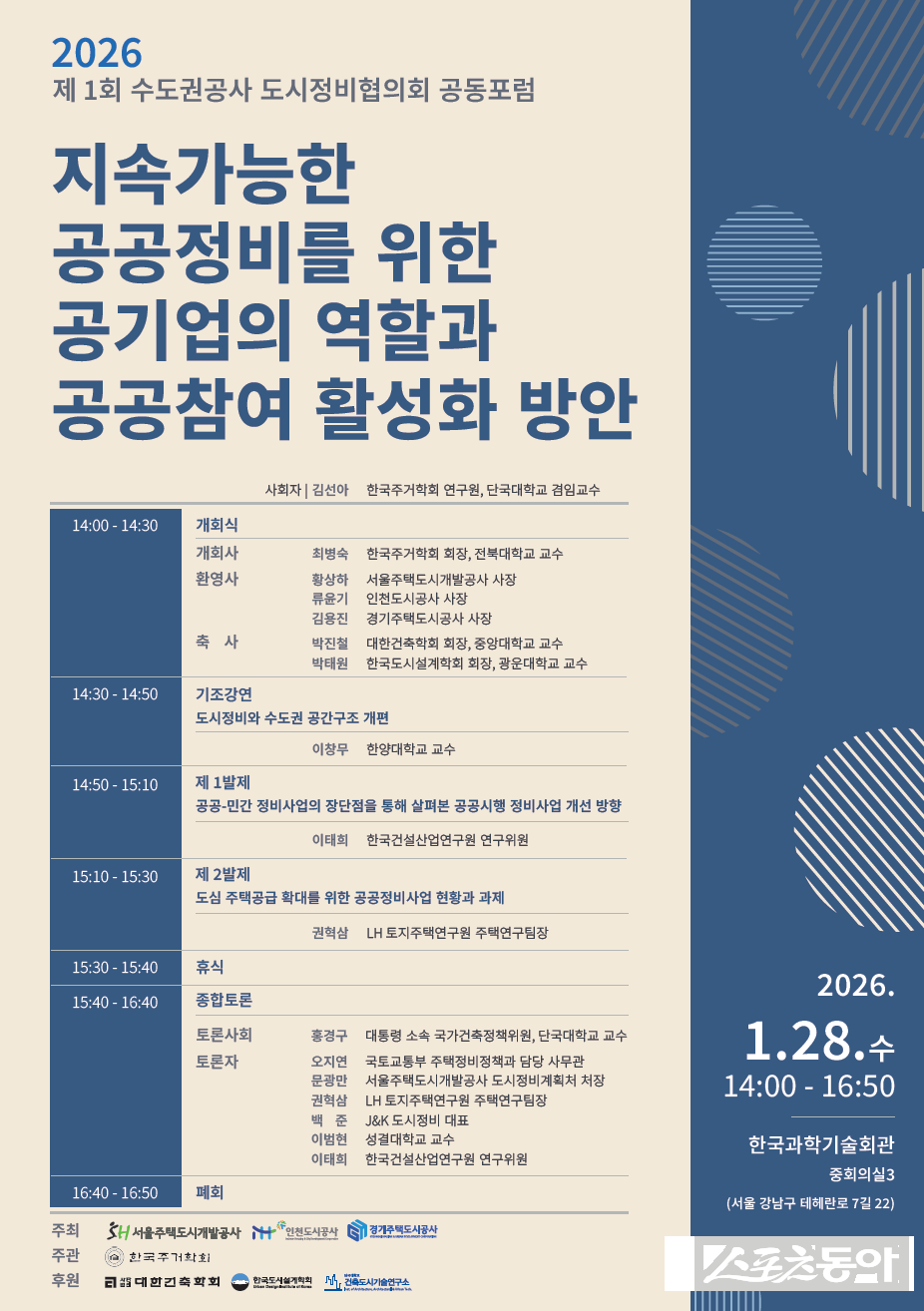경기주택도시공사(GH)는 오는 28일 서울 강남구 한국과학기술회관에서 서울주택도시개발공사(SH), 인천도시공사(iH)와 공동으로 ‘수도권 공사 도시정비협의회 공동포럼’을 개최한다(포스터). 사진제공｜경기주택도시공사