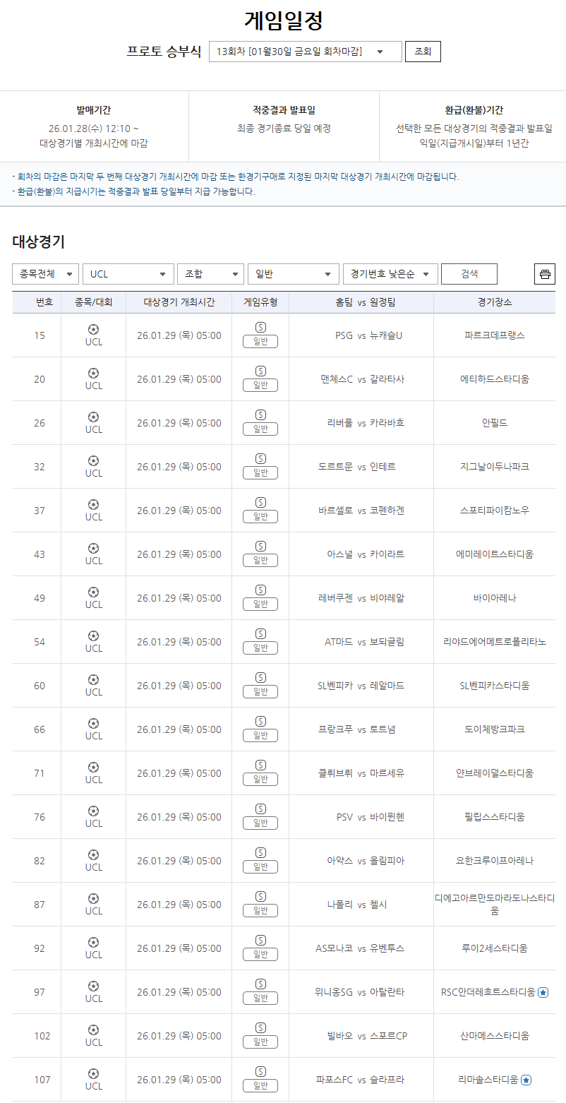 프로토 승부식 13회차 챔피언스리그 리그 페이즈 대상 경기 정보.