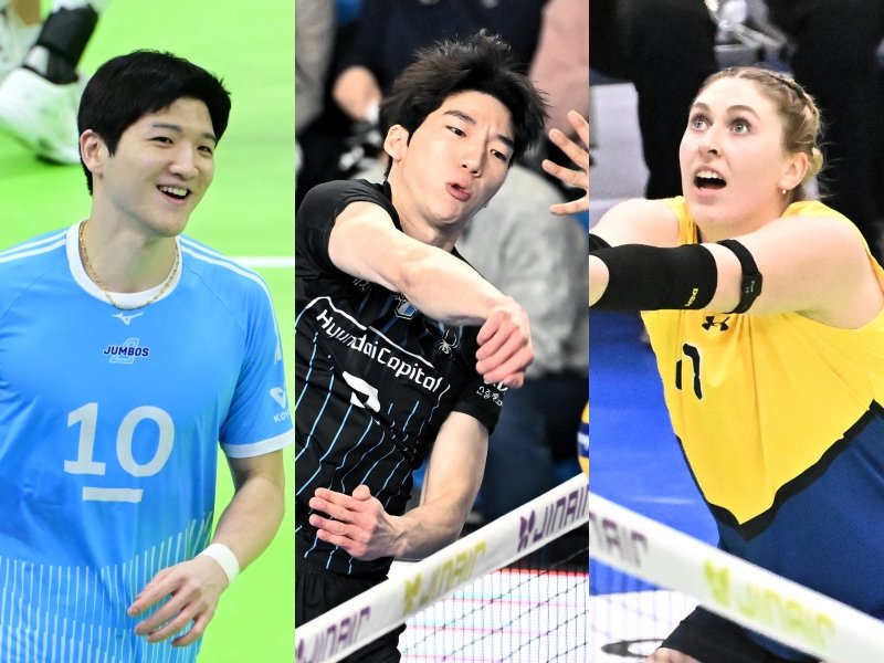 V리그 정규리그가 올스타전 휴식기로 잠시 숨을 고르고 있는 가운데, 후반기 순위 싸움의 관건은 주축들의 컨디션이다. 대한항공 정지석, 현대캐피탈 허수봉, 현대건설 카리 가이스버거(왼쪽부터). 사진제공|KOVO