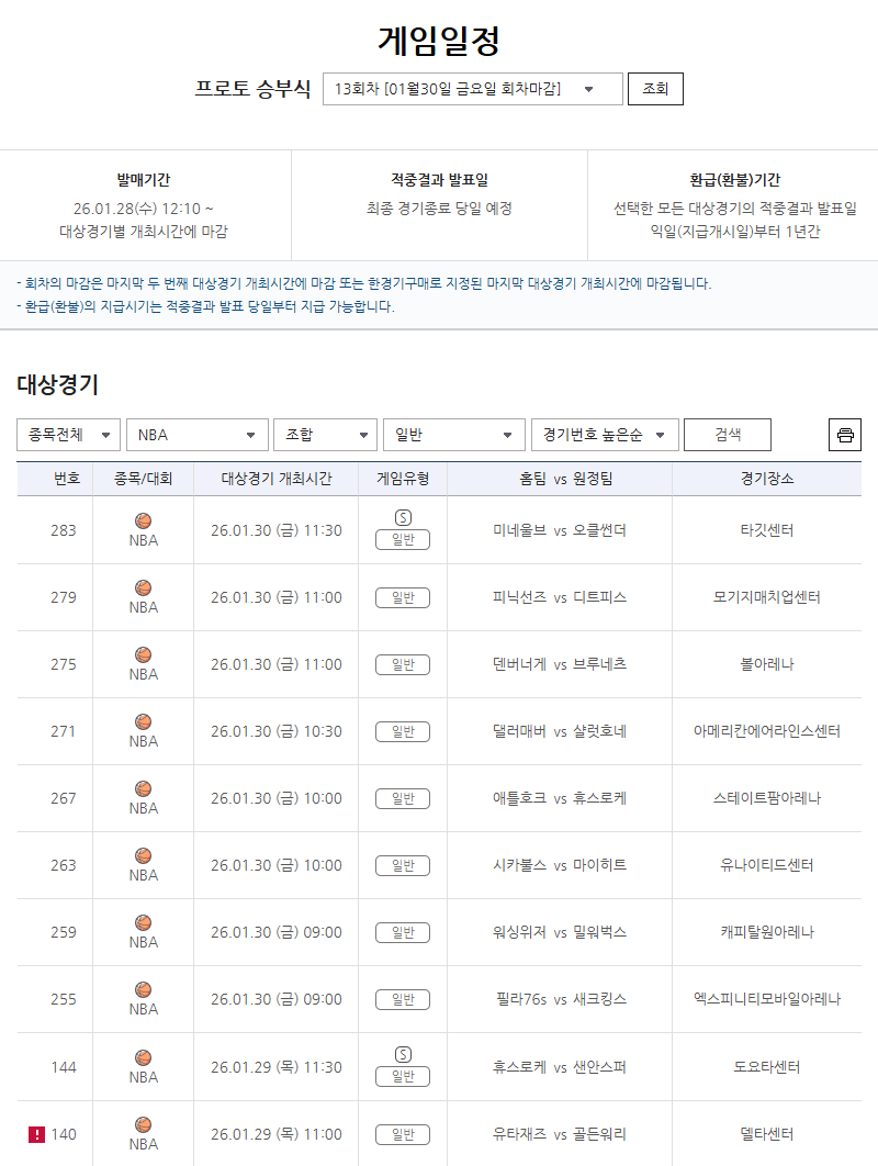프로토 승부식 13회차 NBA 대상 경기 정보.