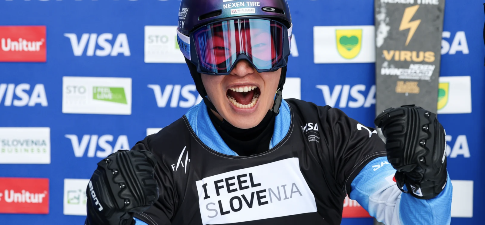 이상호가 31일(한국시간) 슬로베니아 로글라서 열린 FIS 스노보드월드컵 남자 평행대회전서 우승을 확정한 뒤 환호하고 있다. 사진출처ㅣFIS 공식 홈페이지 캡처