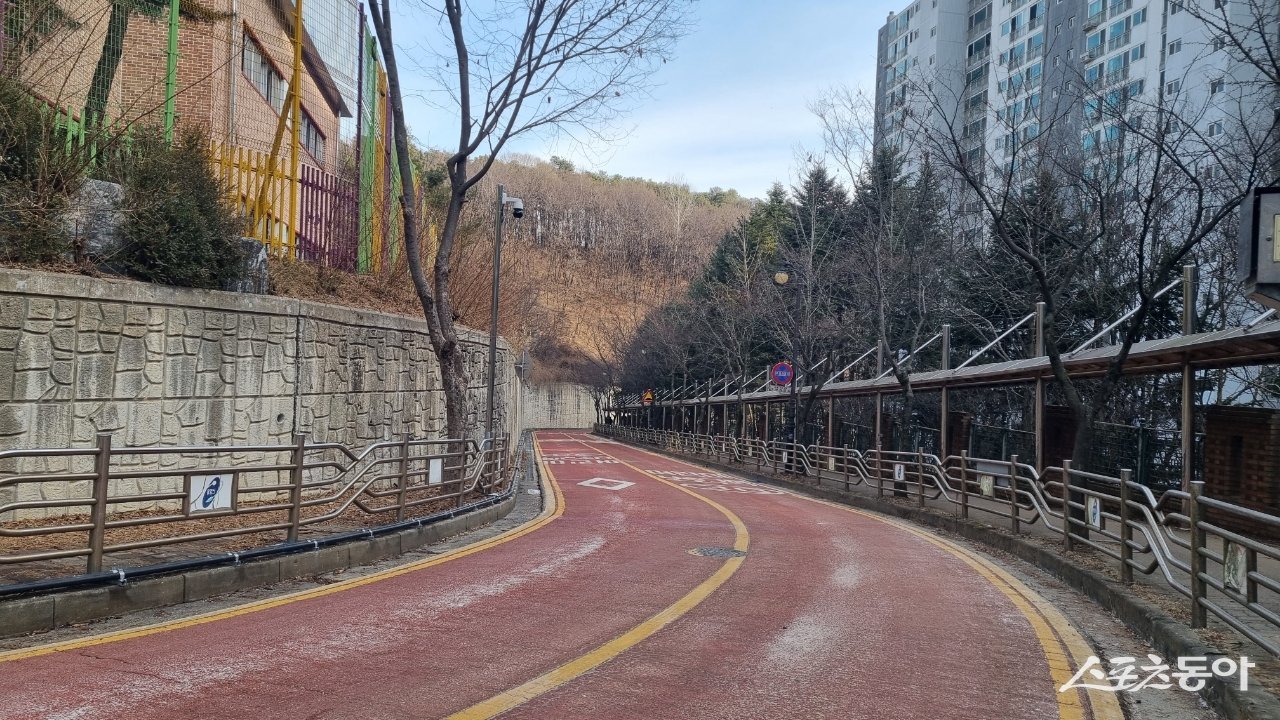 용인특례시 수지구 성복초·중학교 진입도로에 자동염수분사장치 설치가 완료돼 2월부터 가동을 시작했다. 사진제공｜용인시