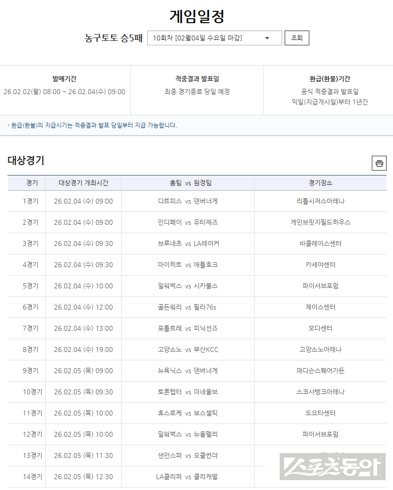 농구토토 승5패 10회차 대상게임 정보.