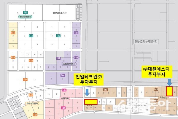 대구국가산단에 신규 제조공장을 설립할 천일테크윈㈜, ㈜대원에스디의 부지 위치도. 사진제공 ㅣ 대구시