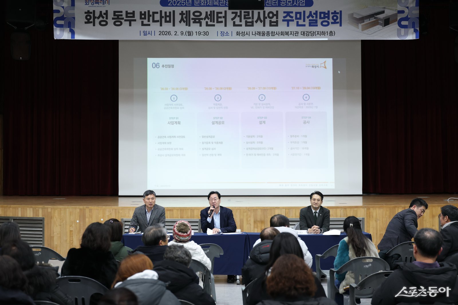 정명근 화성특례시장이 ‘동부 반다비체육센터 건립사업’ 주민설명회에서 사업 추진계획을 설명하고 있다. 사진제공｜화성시