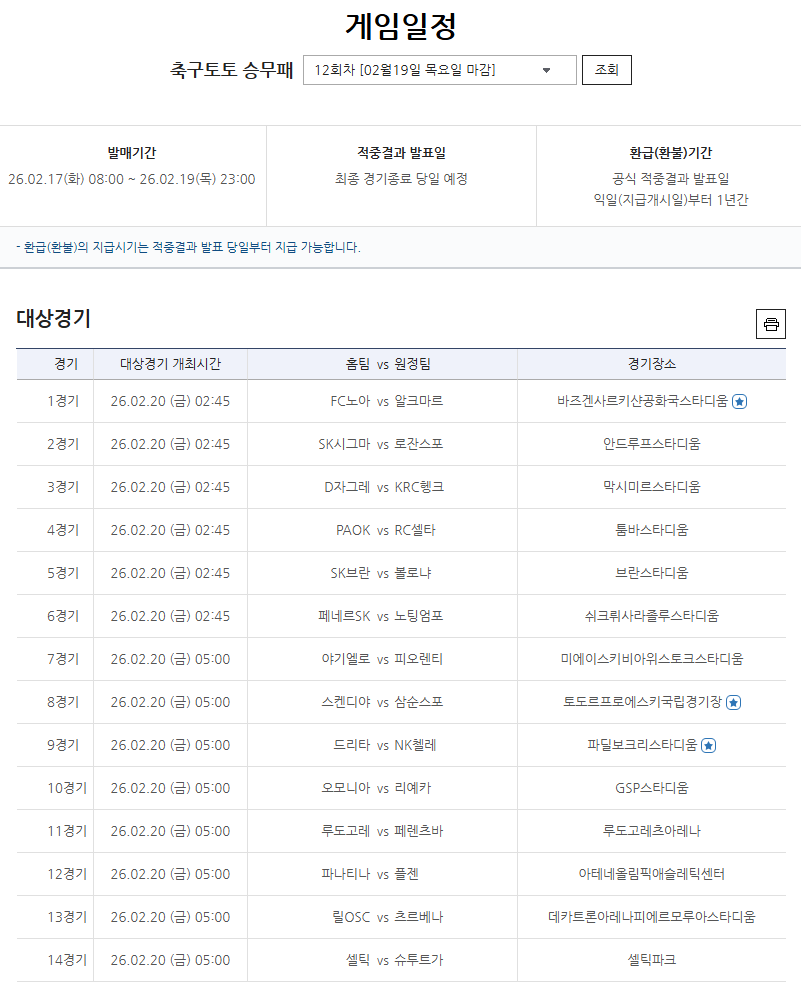 축구토토 승무패 12회차 대상 게임 정보.