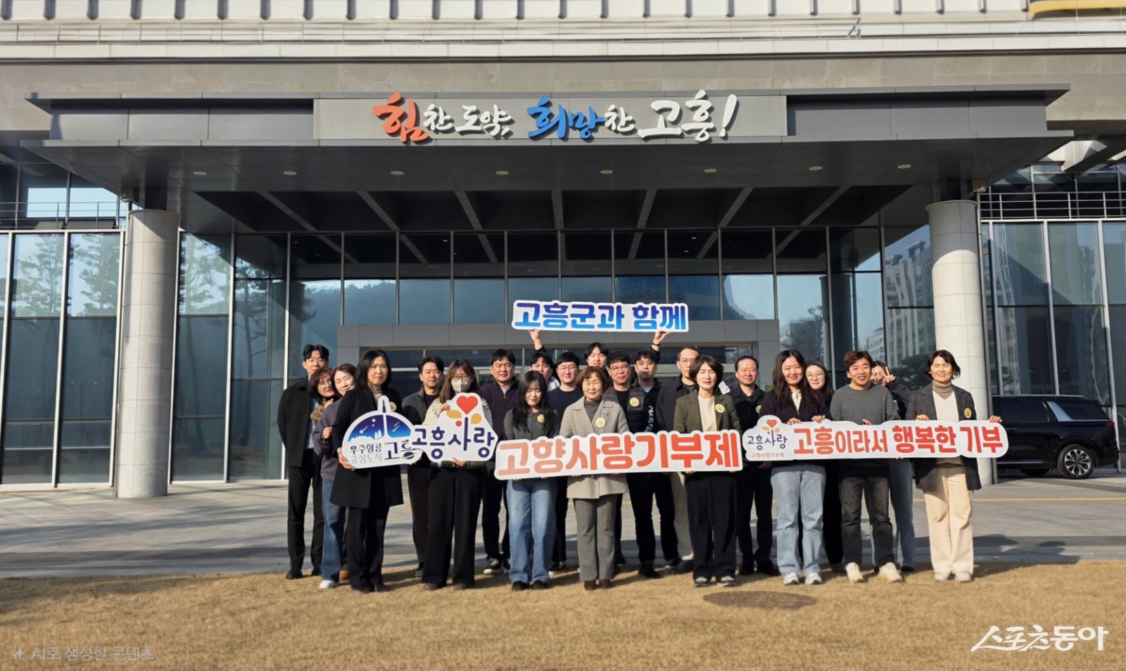 공영민 고흥군수는 종합민원실 직원과 강진군 주민복지과·총무과 직원들이 고향사랑기부제의 성공적인 안착과 지역 간 상생 발전을 응원하며 교차 기부를 실천하고 기념촬영을 하고 있다. 사진제공│고흥군