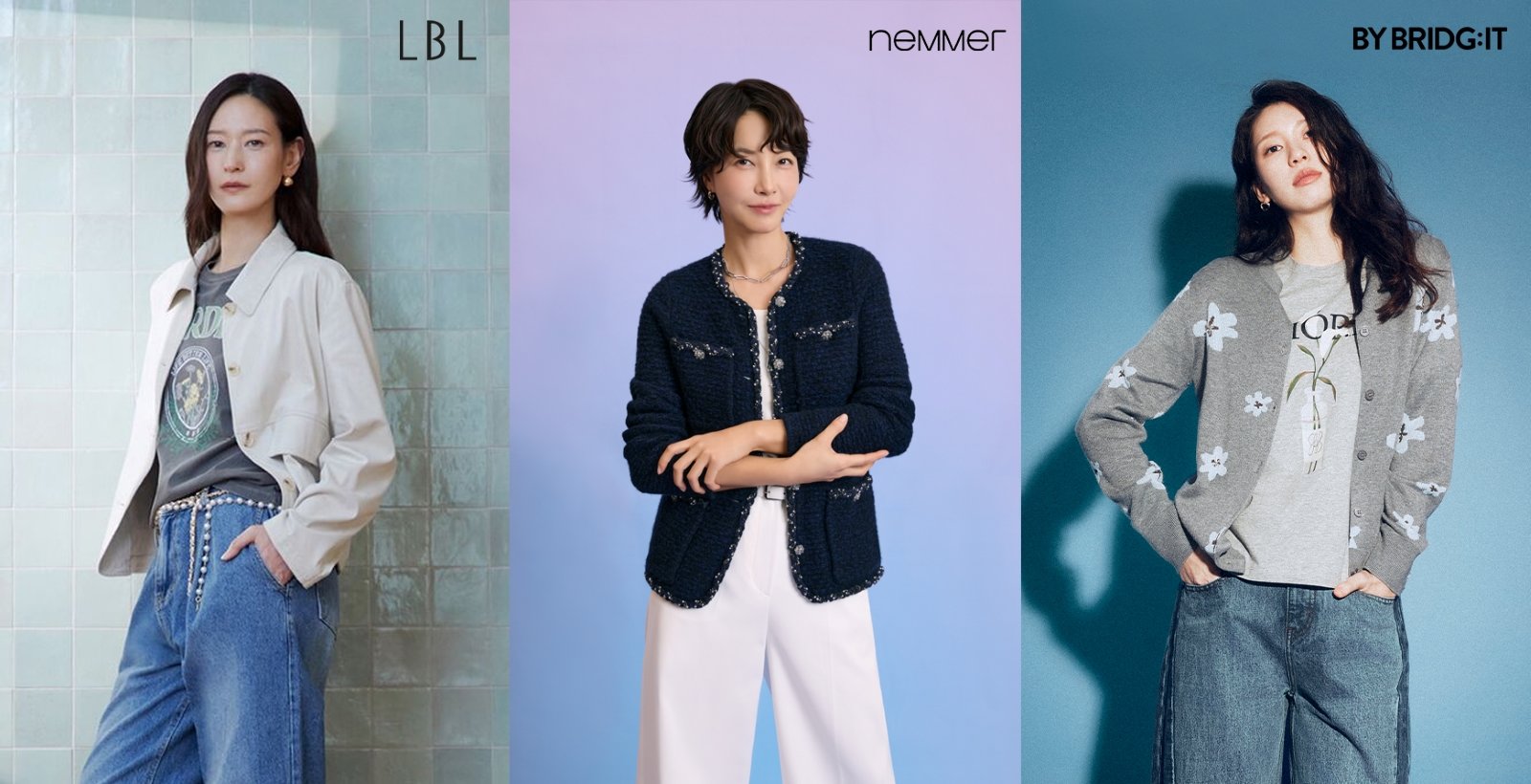 ‘패션 이즈 롯데’에서 선보이는 ‘LBL’, ‘네메르’, ‘바이브릿지’ 신상품. 사진제공｜롯데홈쇼핑 