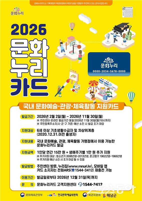 해남군이 소외계층의 문화생활을 지원하는 2026년도 문화누리카드 발급을 시작했다. 사진제공｜해남군