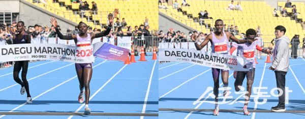 2026 대구마라톤 여자부 릴리안 카사이트 렌제룩(왼쪽)과 남자부 게브리엘 제럴드 게이가 결승선을 통과하고 있다. 사진제공 ㅣ 대구시