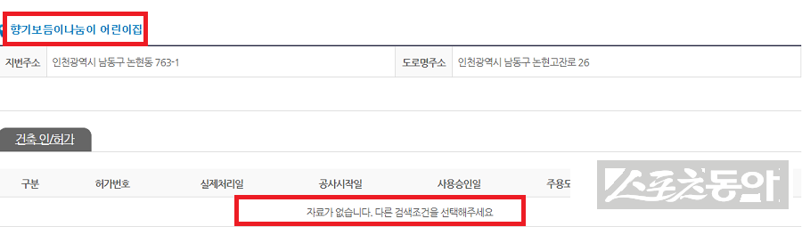 인천 남동구청 소유의 공원 부지 위에 세워진 건축물들을 둘러싸고 ‘불법 인허가’ 및 ‘데이터 조작’ 의혹이 증폭되고 있다(건축물 인허가 정보). 사진제공|국토부