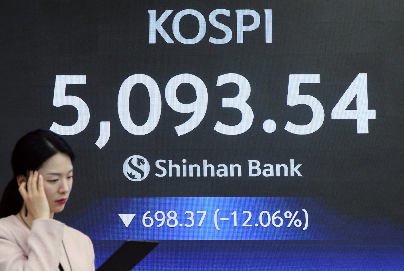 중동 지역의 지정학적 긴장이 장기화 조짐을 보이면서 국내 증시가 전날에 이어 직격탄을 맞았다. 4일 서울 중구 신한은행 주식전광판에 표시된 코스피 지수. 사진제공|신한은행