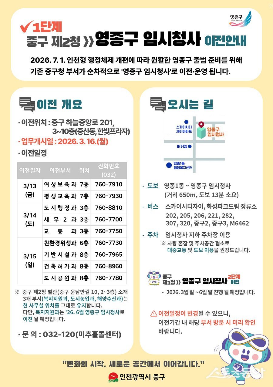 인천 중구, 영종구 임시청사 1단계 부서 이전 안내 포스터. 사진제공｜인천 중구청