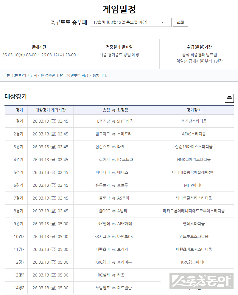 축구토토 승무패 17회차 대상경기.