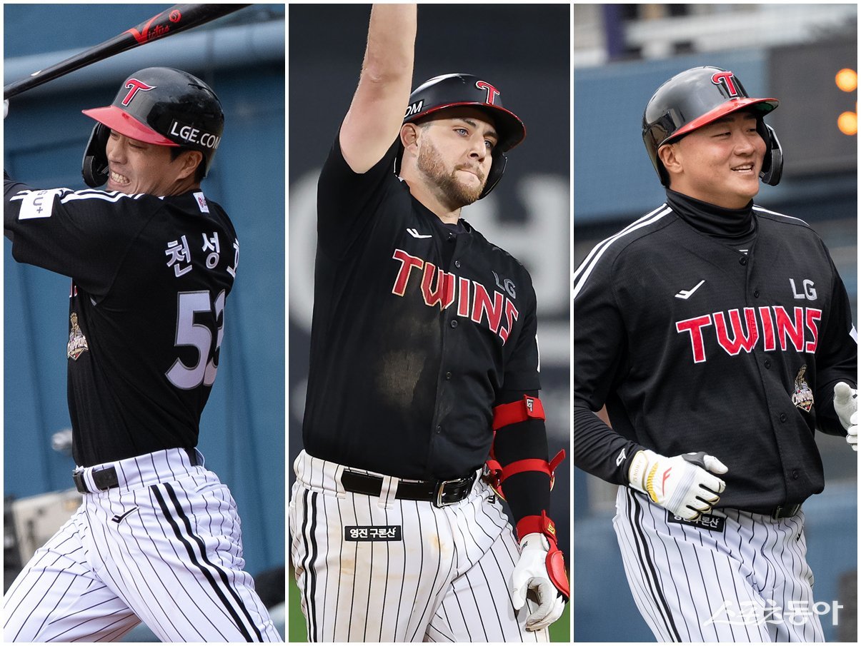 LG 천성호, 오스틴 딘, 이재원(왼쪽부터)이 12일 마산구장서 열린 NC와 시범경기 개막전서 나란히 홈런을 쏘아 올렸다. LG는 타선의 활약에 힘입어 NC를 11-6으로 제압했다. 사진제공｜LG 트윈스