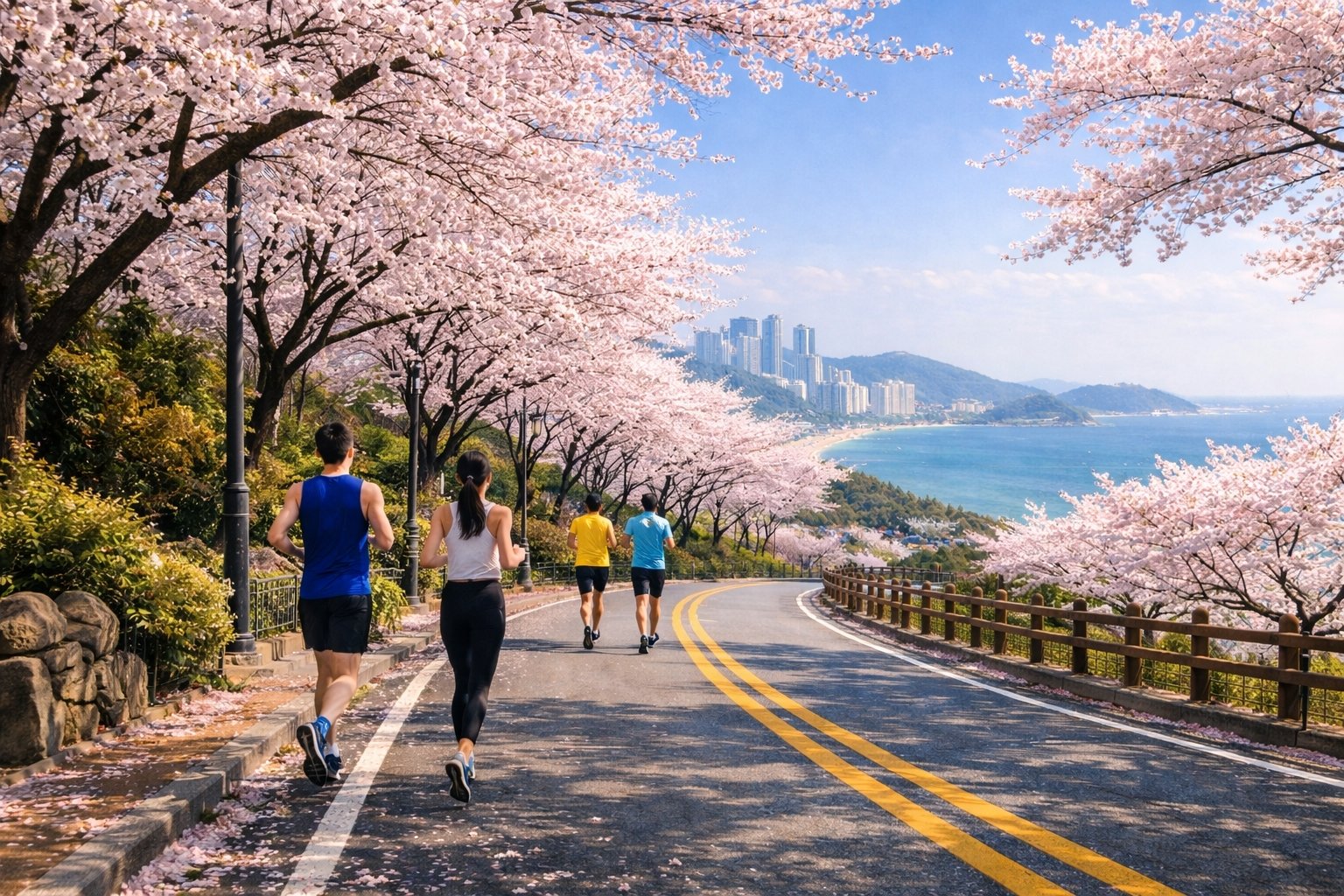 벚꽃이 핀 부산 해운대에서 러닝을 즐기는 모습(생성형 AI 제작 이미지) 파라다이스 호텔 부산 제공