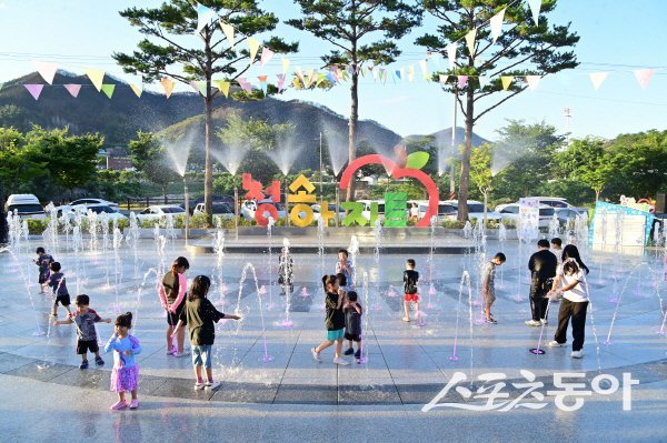 청송아지트 바닥분수 놀이장에서 어린이와 청소년, 지역 주민들이 즐기고 있다. 사진제공 ㅣ 청송군
