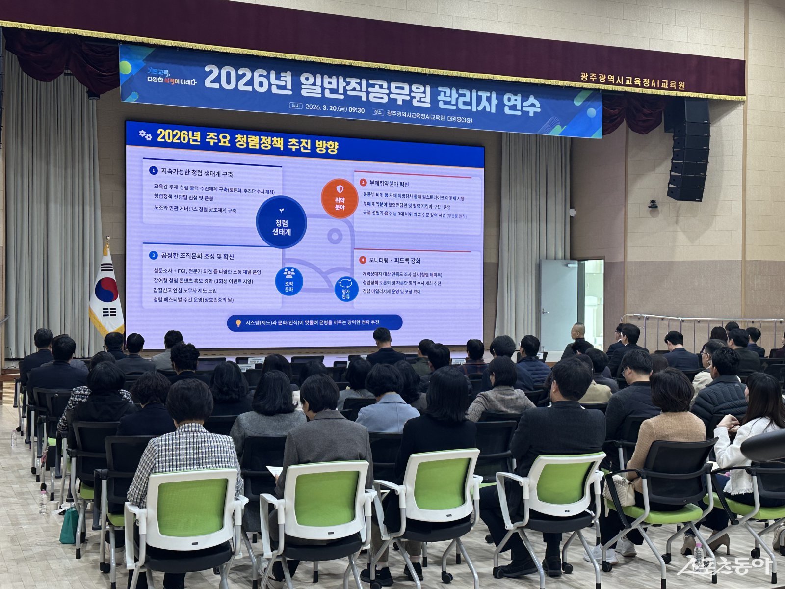 광주시교육청이 20일 광주AI교육원 대강당에서 본청 및 산하기관 일반직공무원 관리자 300여 명이 참석한 가운데 ‘2026년 일반직공무원 관리자 역량 강화 연수’를 개최했다. 사진제공 I 광주광역시교육청