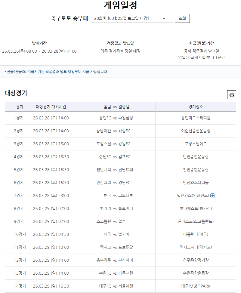 축구토토 승무패 20회차 대상경기 정보.