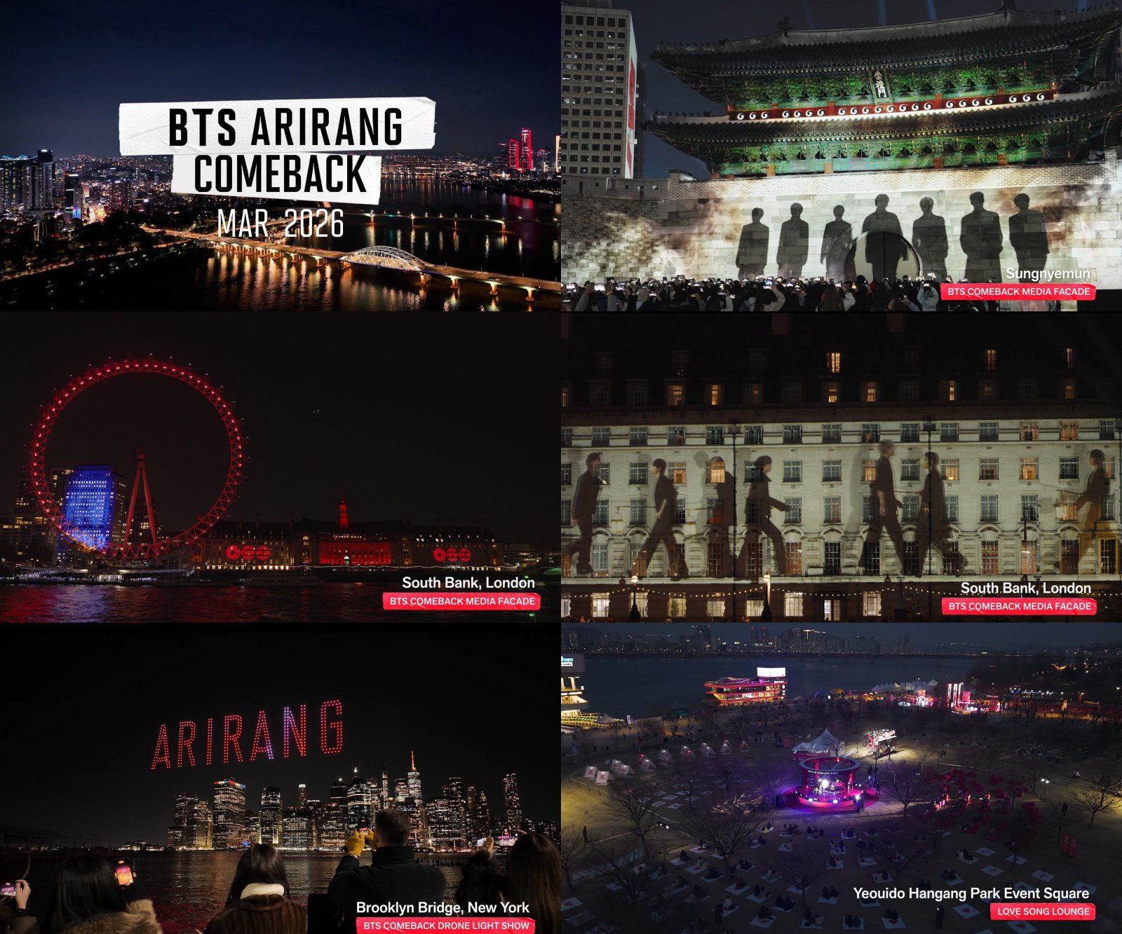 서울 일대에서 진행된 ‘BTS 더 시티 아리랑’의 ‘확장판.’ 런던 사우스뱅크의 랜드마크 런던 아이, 뉴욕 맨해튼 상공을 붉은색으로 물들인 방탄소년단 사진제공|빅히트뮤직