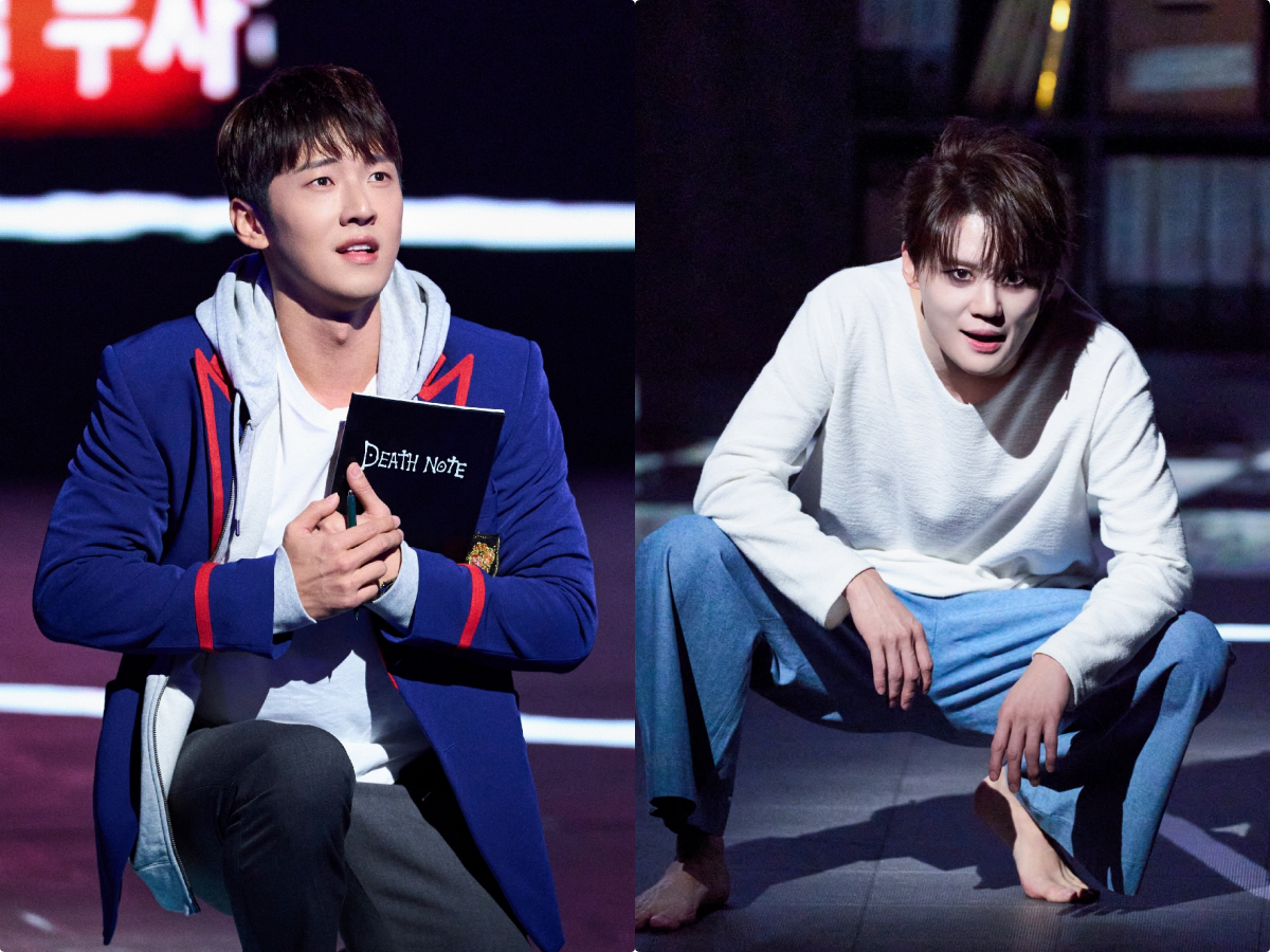 뮤지컬 ‘데스노트’에서 라이토 역의 고은성(왼쪽)과 엘 역의 김준수. 40초의 운명을 사이에 두고 맞선 두 천재의 심리전이 이어진다. 각기 다른 정의를 내세운 두 인물의 팽팽한 대립이 극의 긴장감을 끌어올린다. 사진제공｜오디컴퍼니