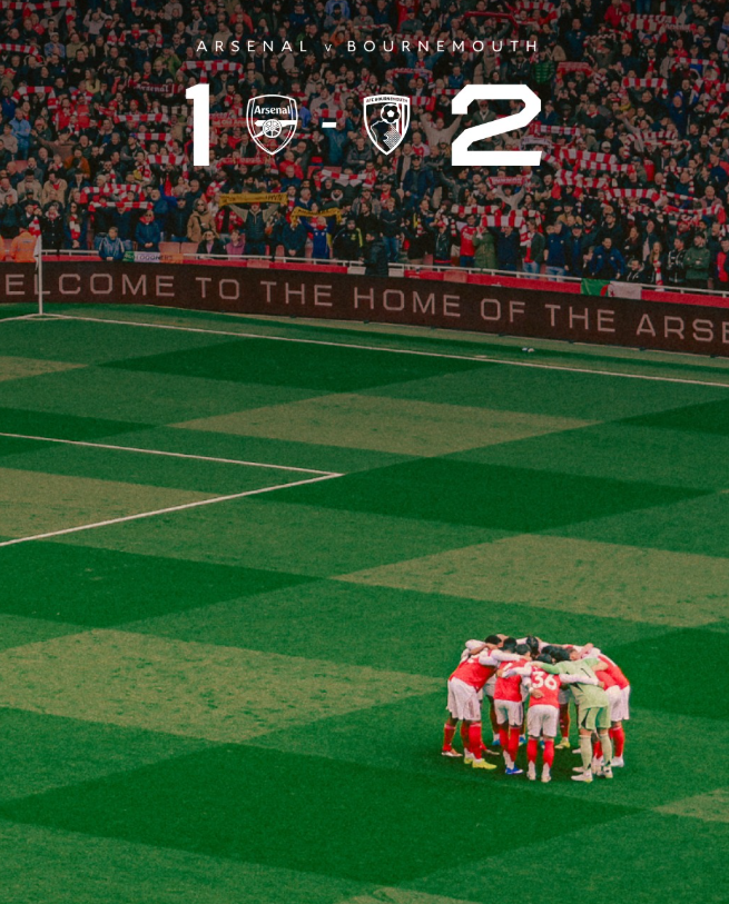 8경기 무패-4연승 깨진 아스널, EPL 우승 레이스는 첩첩산중? 안방서 열린 본머스전 1-2 충격패