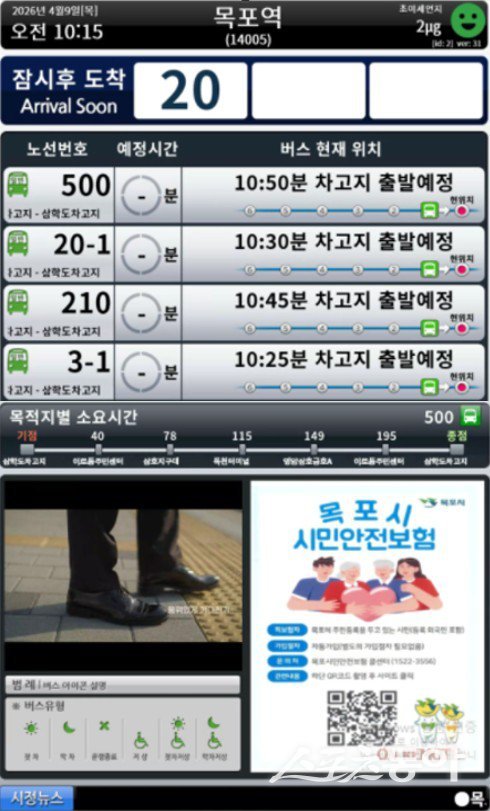 목포시는 시민들이 일상 속에서 쉽고 편리하게 안전 정보를 접할 수 있도록 시내버스 BIS(버스정보시스템)를 활용한 시민안전보험 홍보를 본격 추진한다. 사진제공 I 목포시