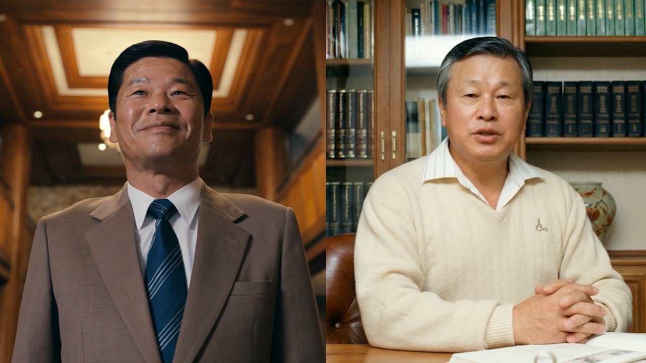 SK그룹 창립 73주년을 맞아 제작된 영상에서 인공지능(AI)으로 재현된 최종건 창업회장(왼쪽)과 최종현 선대회장. 사진제공｜SK그룹