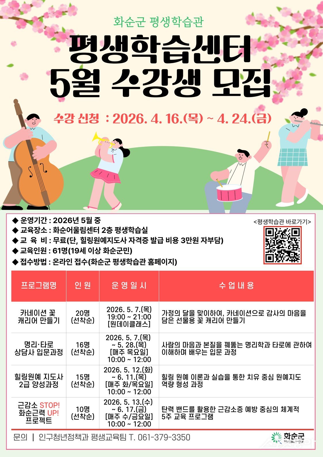 화순군은 찾아가는 전남형 평생학습 공모사업과 연계해 군민의 자기계발과 건강한 여가 활동 지원을 위해 ‘5월 평생학습센터 프로그램’ 수강생을 모집한다. 사진제공 I 화순군